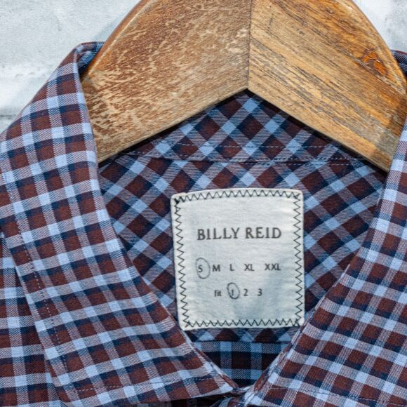 BILLY REID Men's fit 1 Button up Shirt in Maroon Blue check cotton size Small - Picture 3 of 5